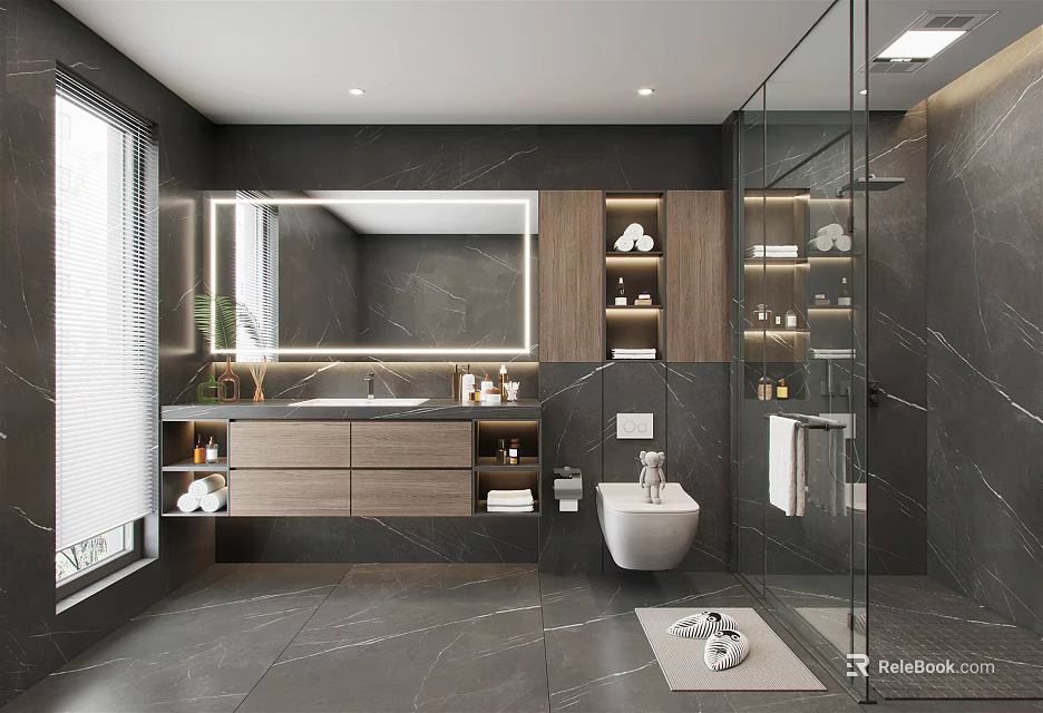 Modern Bathroom Design with Gray Tiles Large Mirror Wooden Cabinets Vanity Toilet And Glass Shower 3d model 