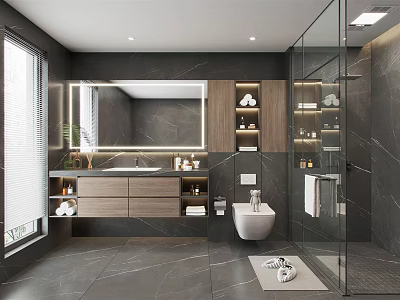Modern Bathroom Design with Gray Tiles Large Mirror Wooden Cabinets Vanity Toilet And Glass Shower 3d model