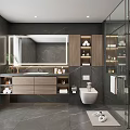 Modern Bathroom Design with Gray Tiles Large Mirror Wooden Cabinets Vanity Toilet And Glass Shower