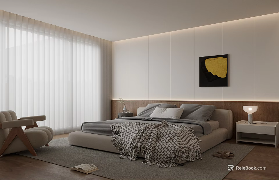 Modern Bedroom Interior With Platform Bed And Abstract Wall Art 3d model