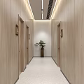 Modern Office Corridor With Wooden Walls Green Plants Large Window Forest View And Steps