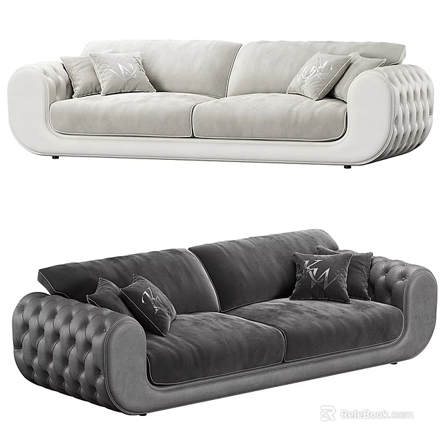 Modern Light Gray And Dark Gray Two Seater Sofa With Tufted Armrests And Decorative Pillows 3d model 