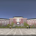 Modern School Building With Red Brick Exterior Symmetrical Design Arched Entrance Greenery And Plaza Area