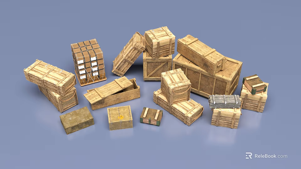 Wooden Boxes In Various Sizes And Styles Open Closed On Light Blue Background 3d model 