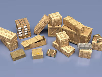 Wooden Boxes In Various Sizes And Styles Open Closed On Light Blue Background 3d model