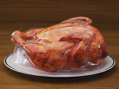 Golden Brown Roast Chicken on White Plate with Black Rim and Wooden Background 3d model