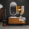Modern Bathroom Vanity With Orange Cabinet Backlit Mirror And Marble Accents