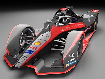 Black and Red Formula E Racing Car With Aerodynamic Design And Sponsor Logos 3d model
