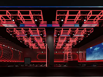 Modern Bar Interior With Red Ceiling Framework Large Screen And Ambient Lighting 3d model