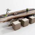 Rustic Log Wood Tea Table with Black Stripe Green Plants and Cushioned Stools 3d model