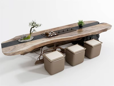 Rustic Log Wood Tea Table with Black Stripe Green Plants and Cushioned Stools 3d model