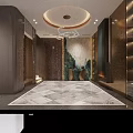 Modern Elevator Lobby Interior Design With Marble Floor Chandelier Decorative Wall And Wooden Doors