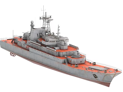 Warship 3D Model Featuring Gray Hull Red Deck And Military Radar Turrets Structure 3d model
