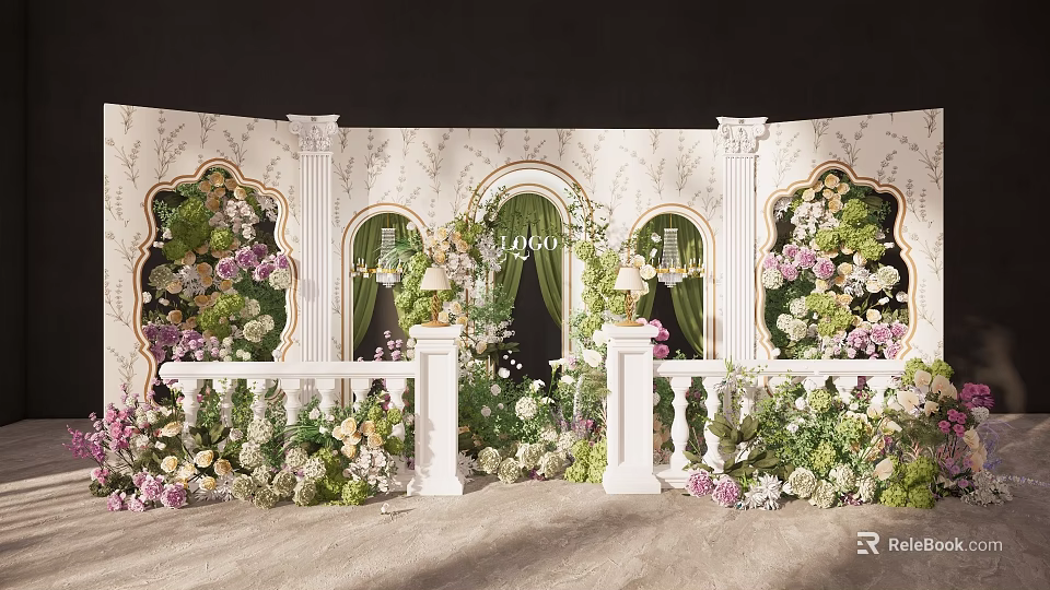 Elegant Floral Display With White Columns Green Curtains And Arched Structures 3d model