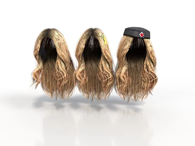 Three Blonde Wavy Curly Hair Wigs One With Black Cap And Red Emblem 3d model