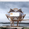 Lotus Shaped Wooden House by Waterfront with Open Design and Wooden Platform Under Cloudy Sky