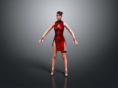 Woman Wearing Red Cheongsam with Short Hair Standing in Elegant Pose and High Heels 3d model