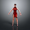 Woman Wearing Red Cheongsam with Short Hair Standing in Elegant Pose and High Heels