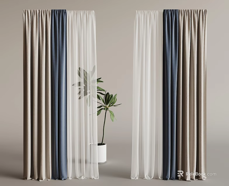Navy Blue Beige And White Layered Curtains With Sheer Panels And Green Plant 3d model 