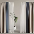 Navy Blue Beige And White Layered Curtains With Sheer Panels And Green Plant