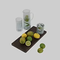 Fresh Lemons And Limes Sliced In Glass Pitcher With Ice Cubes On Wooden Tray