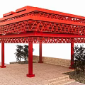 Red Latticed Structure With Columns And Stone Pavement Near Small Trees 3d model