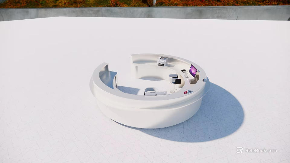 Contemporary Round White Reception Desk With Computer And Office Equipment Setup 3d model