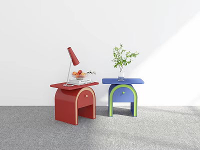 Colorful Red and Blue Nightstands with Red Lamp Fruit Book and Green Plant 3d model