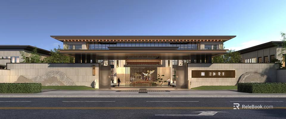 Modern Chinese Sales Office Building With Traditional Roof Glass Facade And Landscaped Entrance 3d model