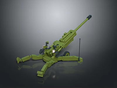 Green Military Artillery Weapon Model with Long Gun Barrel Carriage and Wheels 3d model