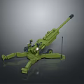 Green Military Artillery Weapon Model with Long Gun Barrel Carriage and Wheels
