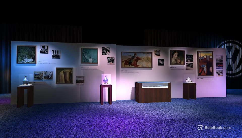 Display Shelves In Modern Exhibition Featuring Artwork Illuminated Cases Wooden Structure And Purple Carpeted Floor 3d model 
