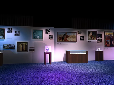 Display Shelves In Modern Exhibition Featuring Artwork Illuminated Cases Wooden Structure And Purple Carpeted Floor 3d model