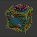 Ornate Decorative Cube With Blue Body Yellow Patterns Pink Lotus And Colorful Accents