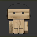 Wooden Robot Doll with Black Headphones and Simple Wooden Structure