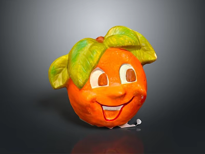 Adorable Orange Cartoon Shaped Decorative Household Item With Smiling Face And Green Leaves 3d model