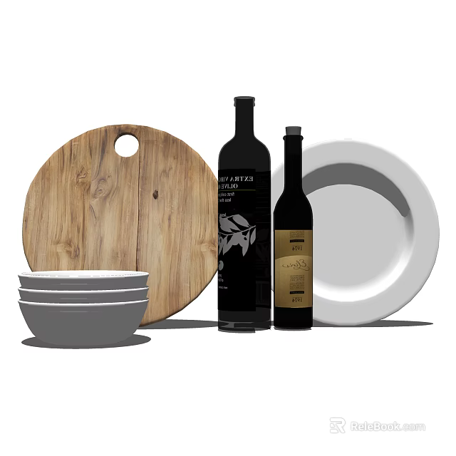 Stylish Dinnerware Set With Wooden Cutting Board White Bowls Wine Bottles And White Plate 3d model 