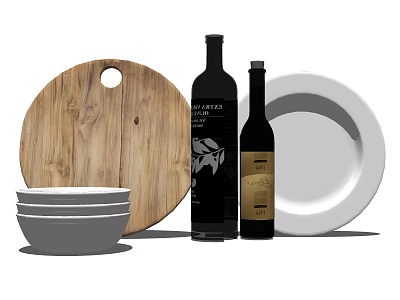 Stylish Dinnerware Set With Wooden Cutting Board White Bowls Wine Bottles And White Plate 3d model