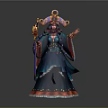 Woman Sorceress In Elaborate Blue Red Gown With Ornate Headdress And Magic Staff