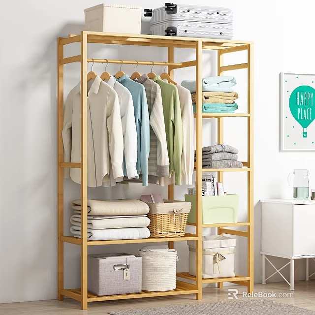 Wooden Open Locker with Hanging Clothes Folded Towels Baskets and Storage Boxes 3d model 