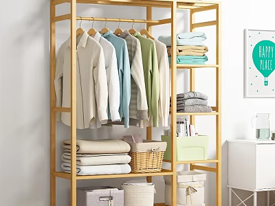 Wooden Open Locker with Hanging Clothes Folded Towels Baskets and Storage Boxes 3d model