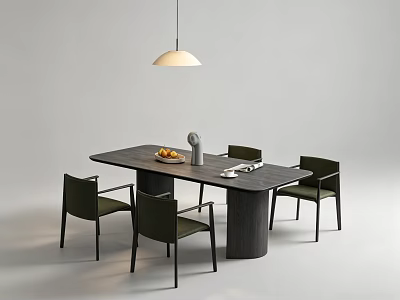 Modern Dark Rectangular Dining Table With Dark Green Chairs Fruit Plate And White Pendant Light 3d model