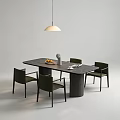 Modern Dark Rectangular Dining Table With Dark Green Chairs Fruit Plate And White Pendant Light