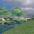 Modern Bridge With Black Railings Street Lamps And Road Beneath Mountain Cloud Background