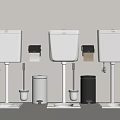 Modern Three Toilets With Tanks Trash Bins And Brushes In Bathroom Interior