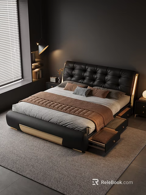 Modern Bedroom Interior With Black Leather Headboard Brown Gray Bedding And Storage Drawers 3d model 