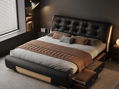 Modern Bedroom Interior With Black Leather Headboard Brown Gray Bedding And Storage Drawers 3d model