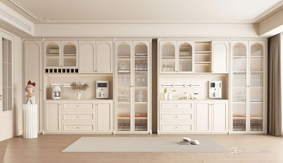 Modern White Wine Cabinet with Glass Doors Drawers and Shelves in Interior Design 3d model 