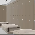 Light Wood Numbered Lockers with Metal Handles in Modern Locker Room and Beige Upholstered Benches