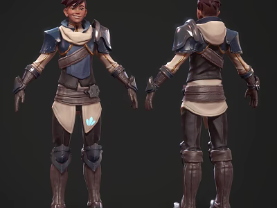 Fantasy Character and Magical Creature in Blue Brown Armor with Glowing Symbols Front Back 3d model
